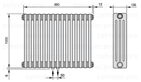 Схема (чертеж) Радиатор Zehnder Charleston 4100/15 №3470 Белый глянцевый RAL 9016